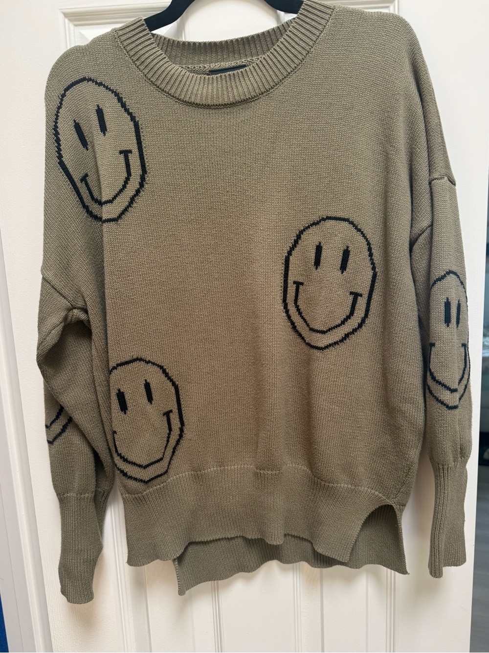 Olive Smiley Knit Crewneck Sweater